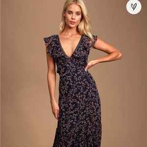 Lulus Darling Daydream Navy Blue Floral Print Ruffled Maxi Dress